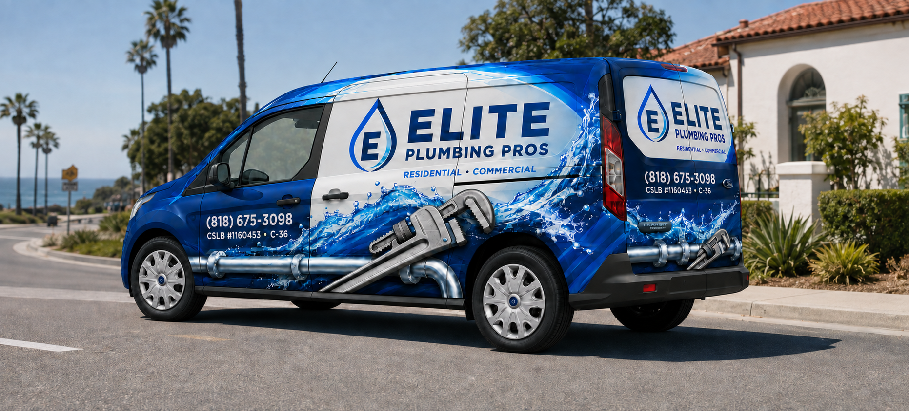 Elite Plumbing Pros Transit Connect on a road with blue water graphics, silver pipes and wrenches, phone (818) 675-3098, and CSLB #1160453 · C-36